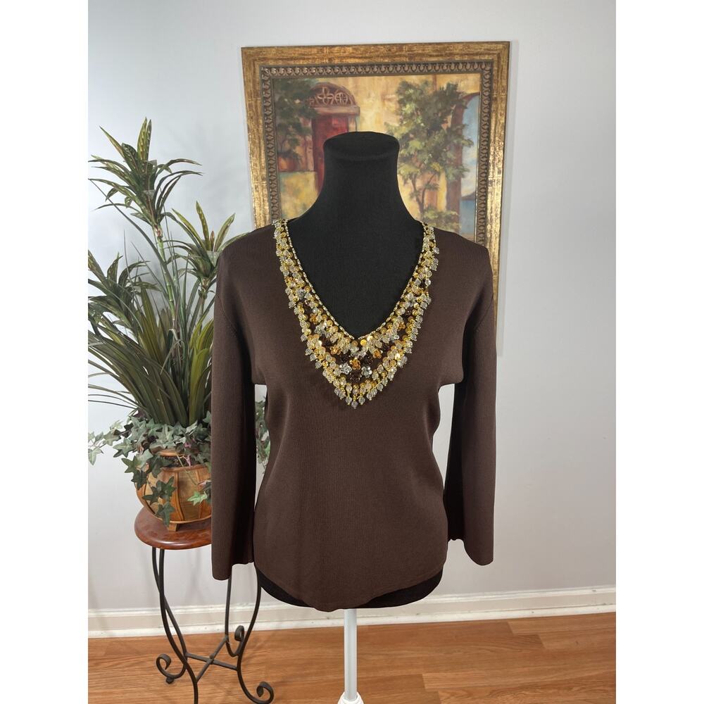 Joseph A Sweater Top Womens Large Dark Brown Knit Embellished Boho Luxe Glamour